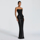 Women Spring Solid Color Sexy Strapless Tie-Waist Flowy Bodycon Dress