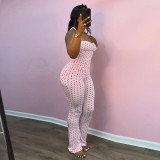 Women Polka Dot Printed Halter Neck Lace-Up Strapless Top and Bell Bottom Pants Two-Piece Set