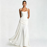 Women Spring Ruched Sling Backless Maxi Dress