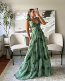 Women Summer Printed Lace-Up Maxi Dress