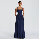 Women Spring Ruched Sling Backless Maxi Dress