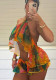 Women Printed Mesh Ruffled Halter Neck Backless Top and Shorts Two-Piece Set