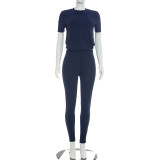 Women Solid Color Round Neck Short Sleeve T-Shirt and Pants Two-Piece Set