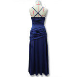 Women Spring Ruched Sling Backless Maxi Dress