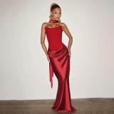Women Spring Solid Color Sexy Strapless Tie-Waist Flowy Bodycon Dress