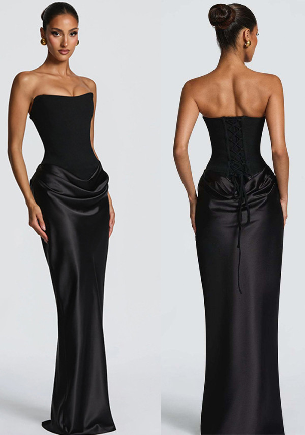 Women Spring Solid Color Sexy Strapless Tie-Waist Flowy Bodycon Dress