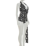 Women Spring & Summer Sleeveless Halter Neck Backless Polka Dot Printed Top and Shorts Two-Piece Set