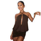 Women Sexy Halter Neck Lace-Up Cut-Out Ruffled Bodycon Dress