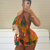 Women Printed Mesh Ruffled Halter Neck Backless Top and Shorts Two-Piece Set
