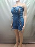 Women Sexy Backless Wrap-Top Tie-Waist Denim Romper