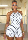 Women Summer Polka Dot Printed Halter Neck Lace-Up Backless Romper