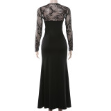 Women Spring Lace Patchwork V-Neck Sexy Neck Long Sleeve Dress