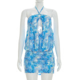 Women Sexy Halter Neck Lace-Up Cut-Out Ruffled Bodycon Dress