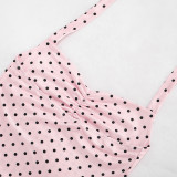 Women Polka Dot Printed Halter Neck Lace-Up Strapless Top and Bell Bottom Pants Two-Piece Set