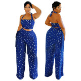Women Polka Dot Printed Halter Neck Backless Strapless Top and Fringed Pants Two-Piece Set