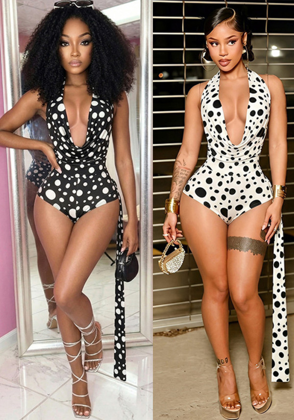 Women Spring & Summer Sleeveless Halter Neck Backless Polka Dot Printed Top and Shorts Two-Piece Set