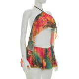 Women Printed Mesh Ruffled Halter Neck Backless Top and Shorts Two-Piece Set