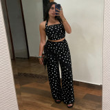 Women Polka Dot Printed Halter Neck Backless Strapless Top and Fringed Pants Two-Piece Set