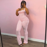 Women Polka Dot Printed Halter Neck Lace-Up Strapless Top and Bell Bottom Pants Two-Piece Set