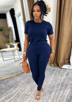 Women Solid Color Round Neck Short Sleeve T-Shirt and Pants Two-Piece Set Women Solid Color Round Neck Short Sleeve T-Shirt and Pants Two-Piece Set