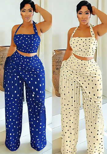 Women Polka Dot Printed Halter Neck Backless Strapless Top and Fringed Pants Two-Piece Set