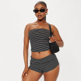 Women Sexy Striped Strapless Top and Shorts Two-Piece Set