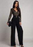 Women Sexy V Neck Sequin Long Sleeve Jumpsuit