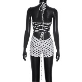 Women Summer Polka Dot Printed Halter Neck Lace-Up Backless Romper