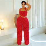 Women Polka Dot Printed Halter Neck Backless Strapless Top and Fringed Pants Two-Piece Set