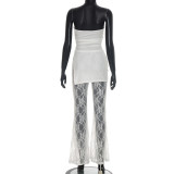Women Summer Lace Patchwork Fake Two-Piece Strapless Jumpsuit