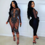 Women Sexy See-Through Sequin Round Neck Casual Dress