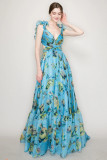 Women Summer Printed Lace-Up Maxi Dress