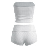 Women Sexy Striped Strapless Top and Shorts Two-Piece Set