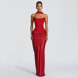 Women Spring Solid Color Sexy Strapless Tie-Waist Flowy Bodycon Dress