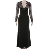 Women Spring Lace Patchwork V-Neck Sexy Neck Long Sleeve Dress