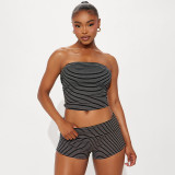 Women Sexy Striped Strapless Top and Shorts Two-Piece Set