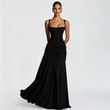 Women Spring Ruched Sling Backless Maxi Dress