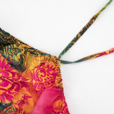 Women Printed Mesh Ruffled Halter Neck Backless Top and Shorts Two-Piece Set