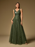 Women Deep V Mesh Floral Sequin Swing Evening Dress