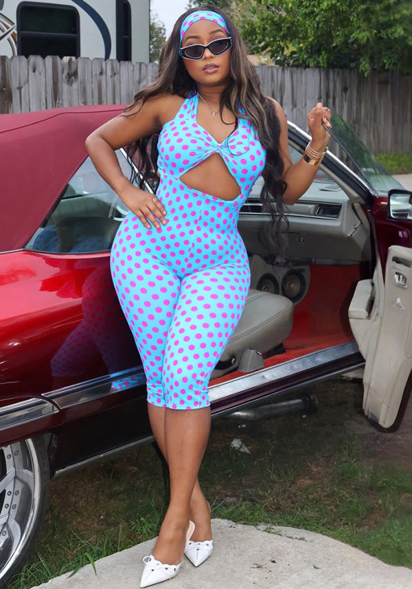 Women Summer Halter Neck Low Back Hollow Out Polka Dot Five-point Jumpsuit