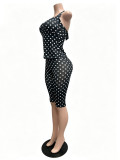 Women Elastic Polka Dot Printed Halter Neck Deep V Slim Fitting Pants Set