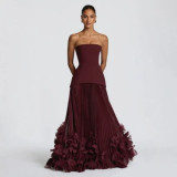 Women Strapless Slim Waist Petal Pleated Trailing Evening Dress