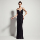 Women Sexy Deep V Low Back Sequin Mermaid Formal Party Evening Dress