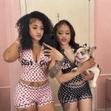 Women Summer Polka Dot Half Collar Zip Short Top Low Waist Shorts Set