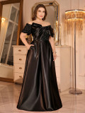 Women Plus Size Off Shoulder Satin Bow Sequin Party Evening Dress