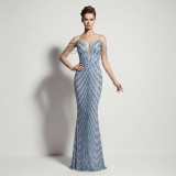 Women Sexy Deep V Low Back Sequin Mermaid Formal Party Evening Dress