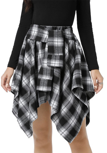 Women High Waist Plaid Irregular Patchwork Midi Skirt