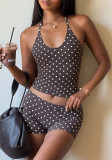 Women Summer Halter Neck Low Back Polka Dot Top Low Waist Shorts Set