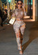 Women Spring Round Neck Printed Slim Fit Pants Set