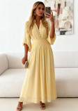 Women V-neck Ruched Puff Sleeve Mid-length Chic Dress